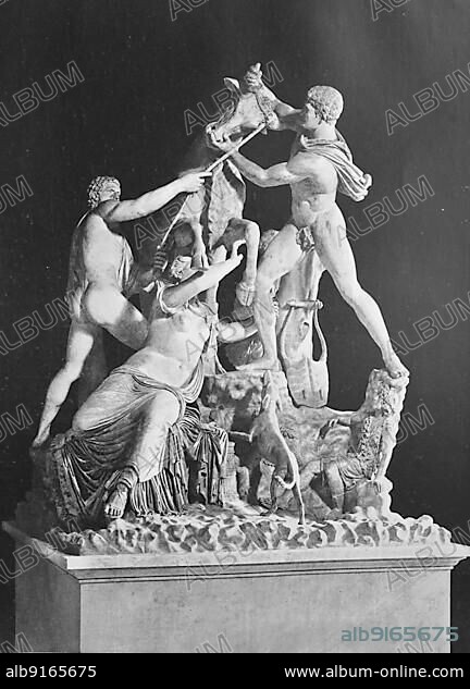 Historical image of The Farnese Bull, Toro Farnese, formerly in the Farnese Collection in Rome, is a massive Roman copy of a Hellenistic sculpture, Naples, Napoli, Italy, Historical, digitally restored reproduction of a 19th century original, exact original date unknown, Europe.