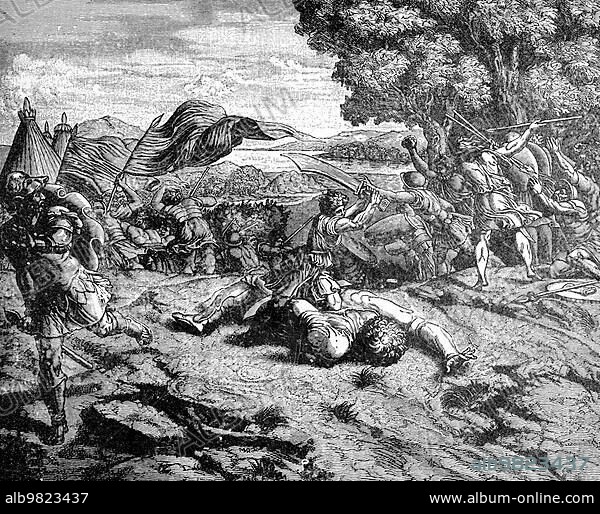 David and Goliath; First Book of Samuel; Chapter 17; Verses 38-51; Old Testament; Bible; landscape; mountains; lake; trees; Cape; lie; victor; death; corpse; God; spear; sword; sling; stone; kill; historical illustration 1890.