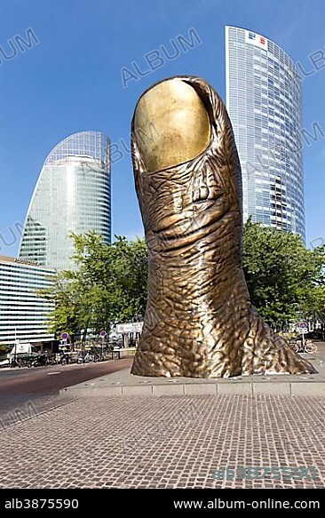 CESAR. Le Pouce, giant thumb sculpture, artist César Baldaccini, skyscrapers, La Defense business district, Hauts-de-Seine, Paris, France, Europe.