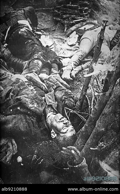 Dead bodies, corpses of killed WWI soldiers on battlefield after gas attack at Langemarck, West Flanders, Belgium in 1915 during First World War One.