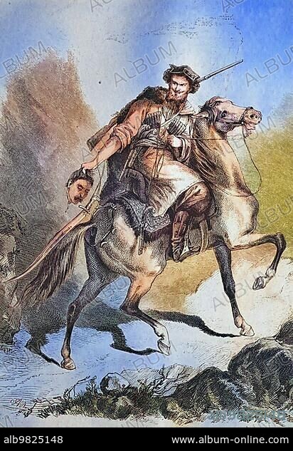 Caucasian warrior with his opponent's head cut off; historical engraving; c. 1869; Historic; digitally restored reproduction from a 19th century original; coloured; exact date unknown.