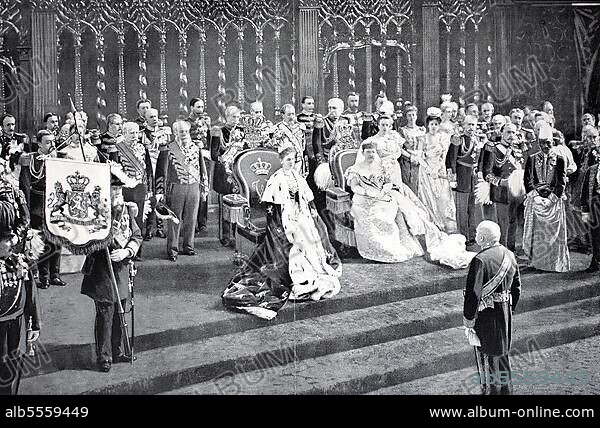 Wilhelmina, Königin der Niederlande, erhält die Ehrung vom Volksvertreter am 5. Juli (1898), Historisch, digital restaurierte Reproduktion einer Originalvorlage aus dem 19. Jahrhundert.