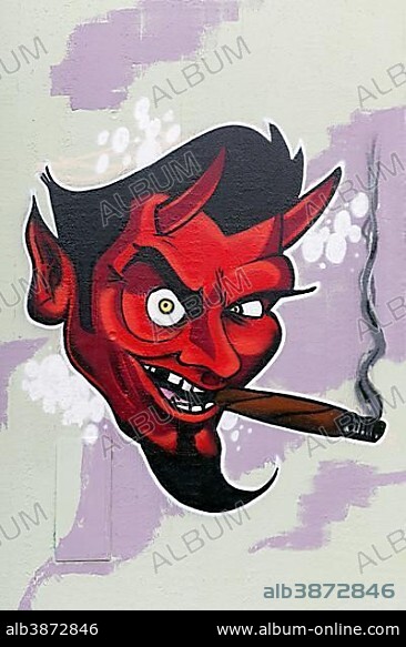 Red devil smoking cigar, graffiti, urban art, street art, Düsseldorf, North Rhine-Westphalia, Germany, Europe.