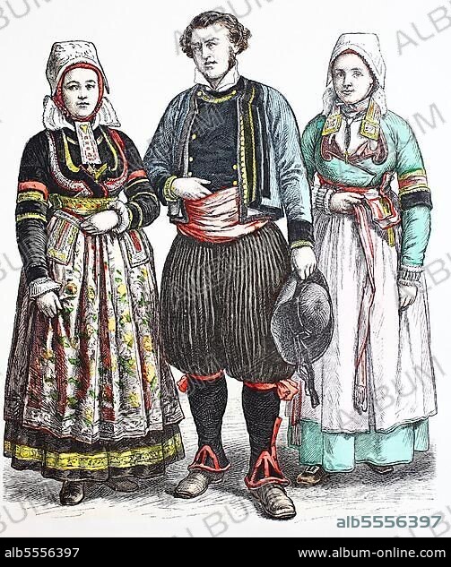 Folk traditional costume, clothing, history of costumes, costume in Brittany, France, 1880, digitally restored reproduction of a 19th century original, exact date unknown, Europe.