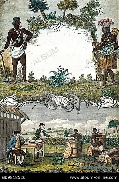 A tobacco plantation with workers; a Mexican Indian and two European foremen; 1821; Tobacco; Drying of tobacco; Tobacco industry; Cuba; Historic; digitally restored reproduction from a 19th century original; Central America.