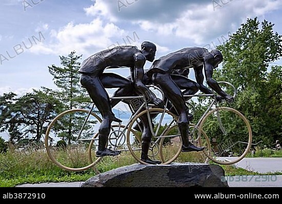 The Cyclists Sculpture, La Parc Olympic in Lausanne, Switzerland, Europe.