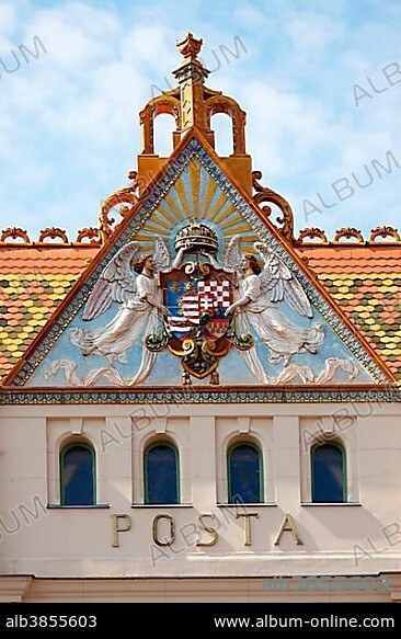 Roof with typical tiles from Zsolnay, Postpalais building, Pécs, Hungary, Europe.