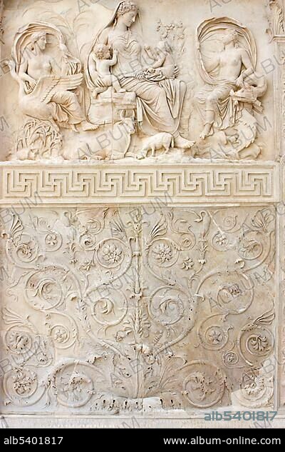 Relief depicting the goddess Tellus on front side of the Ara Pacis Augustae altar, Rome, Italy, Europe.