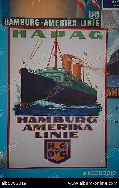 Ballinstadt emigration museum, poster of the Hamburg-America Line, Veddel, Hamburg, Germany, Europe.