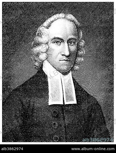 Historical illustration from the 19th Century, portrait of Jonathan Edwards, 1703 - 1758, an American, New England preacher, missionary and leader of the revival of the Great Awakening.
