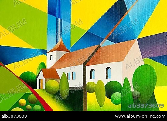 Whitewashed Danish Church, acrylic painting, artist Gerhard Kraus, Kriftel, North Frisia, Schleswig-Holstein, Germany, Europe.