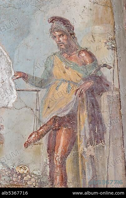 Pornographic fresco, old hunting lodge, excavations at Pompeii, Roman archaeological site, Naples, Campania, Italy, Europe.