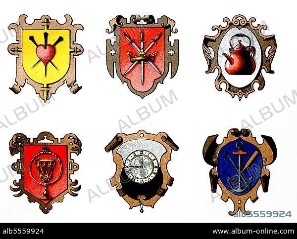 1890, Zunftwappen: Nagelschmied, Messerschmied, Kupferschmied, Goldschmied, Uhrmacher, Schiffer, digital restaurierte Reproduktion einer Originalvorlage aus dem 19. Jahrhundert.