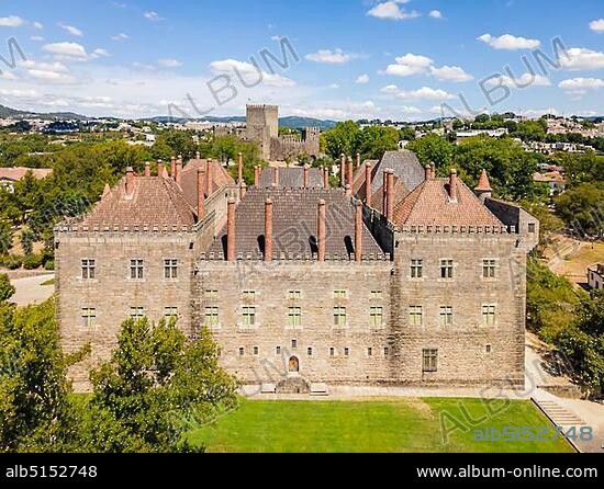 Aerial view of palace of dukes of Braganza and Castle in Guimaraes, Portugal, Europe.