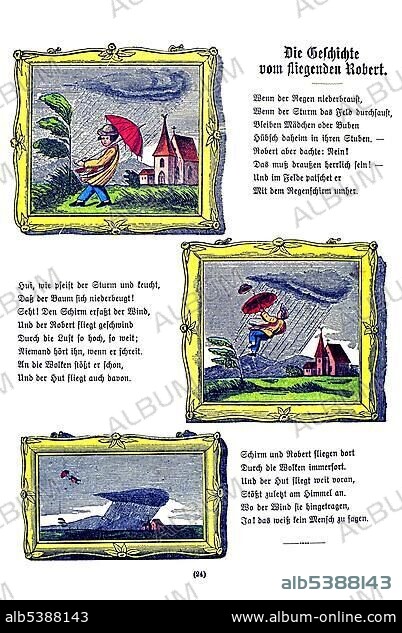Book illustration, Die Geschichte vom fliegenden Robert, The Story of Flying Robert, Der Struwwelpeter, Shaggy Peter, Dr. Heinrich Hoffmann, 1876.