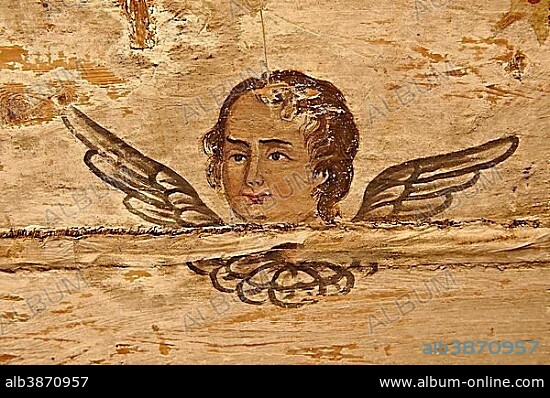 Naive Christian fresco inside the wooden Church of the Archangels Michael and Gabriel, Plopi?, Maramures, Transylvania, Romania, Europe.