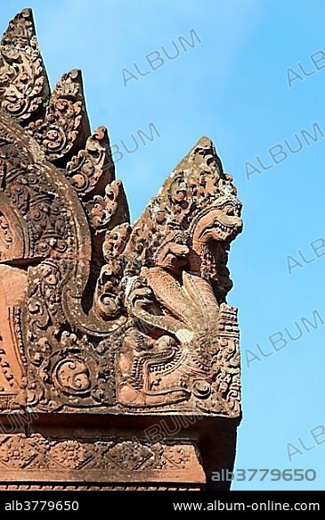 Naga sculpture as part of the roof decoration, Banteay Srei Temple, Citadel of the Women, Angkor, Cambodia, Southeast Asia, Asia.