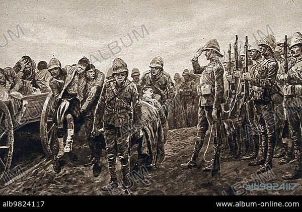 Boer War; Soldiers greet the wounded outside the battlefield at the Modder River; 1899; Soldiers. Military Uniforms; War Wounded; Ambulance; Historic; digitally restored reproduction from an original of the period; Boer War; Soldiers greet the wounded outside the battlefield at the Modder River; Soldiers. Military Uniforms; War Wounded; Ambulance; Historic; digitally restored reproduction from an original of the period.