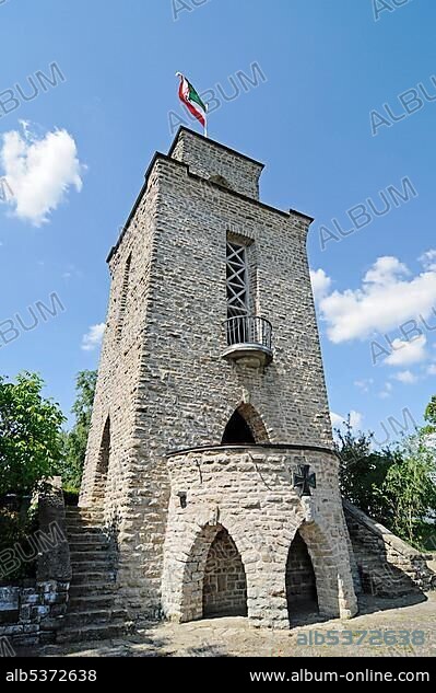 Flag of North Rhine-Westphalia, flag, coat of arms, look-out tower, Soldier memorial, Langscheid, Sorpesee lake, Sundern, Sauerland, North Rhine-Westphalia, Germany, Europe.