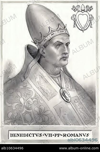 Benedict VII (born in Rome) (died July 10) (983 in Rome) was pope from 974 to 983, the son of Deodat, grandson of Alberich II of Spoleto and nephew of John XII. He became the fourth pope from the family of the Counts of Tusculum, Historical, digitally restored reproduction from a 19th century original, Benedict VII (born in Rome) (died July 10) (983 in Rome) was pope from 974 to 983, the son of Deodat, grandson of Alberic II of Spoleto and nephew of John XII. He became the.