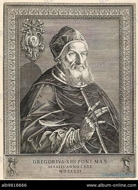 Gregory XIII; Ugo Boncompagni (7 January 1502 to 10 April 1585) was Pope from 1572 to 1585; Historical; digitally restored reproduction from a 19th century original.