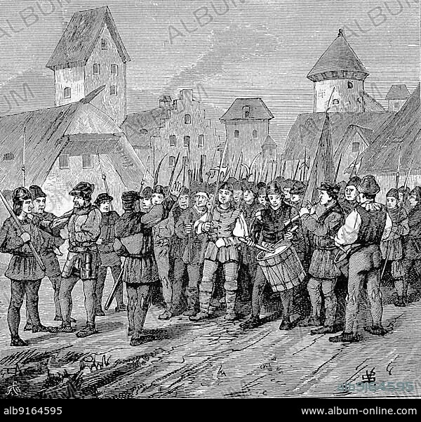 German Peasants' War, 1524-1526, Jäcklein Rohrbach in Flein. Jakob Rohrbach (died 20 or 21 May 1525) was a leader of the peasants in the Peasants' War of 1525. Under his leadership, the castle and town of Weinsberg were stormed on 16 April 1525, Germany, Historical, digitally restored reproduction of a 19th century original, exact original date not known, Europe.