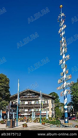Maypole and Hotel Terofal, Schliersee, Upper Bavaria, Bavaria, Germany, Europe.