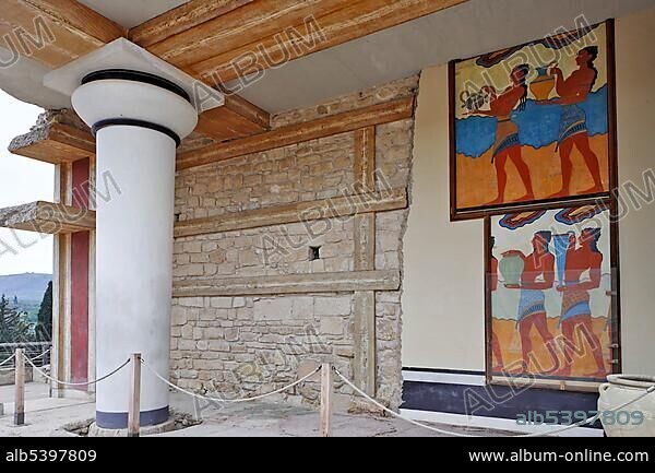 Frescoes depicting young men in the Palace of Knossos, Crete, Greece, Europe.