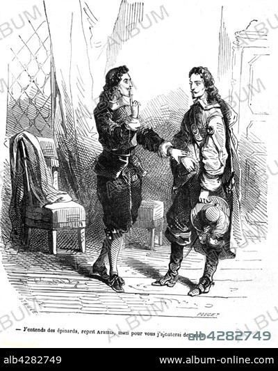The Three Musketeers. D'Artagnan with Aramis. Engraving, 19th century . Alexandre Dumas. Private collection.