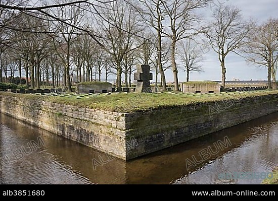 German military cemetery Langemark, with moat and large stone cross, First World War, Langemark Poelkapelle, West Flanders, Flanders, Belgium, Europe.