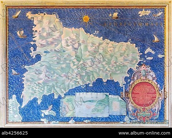 Map of Sicily, The Gallery of Maps, Galleria delle carte geografiche, Belvedere Courtyard, Vatican City, Rome, Lazio, Italy, Europe.