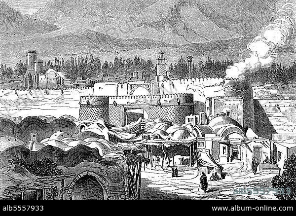 Das Tor Schah-Abdulazim in Teheran im alten Persien, Jahre 1860, digital restaurierte Reproduktion einer Originalvorlage aus dem 19. Jahrhundert, Iran, Asia.