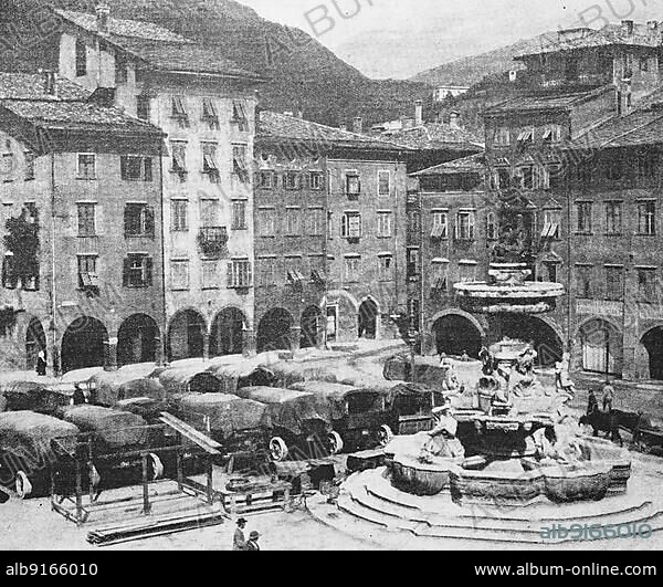 The Market Square of Trento during World War 1, Military Vehicles, 1915, Italy, Historic, digitally restored reproduction of an early 20th century original, exact date unknown, Europe.