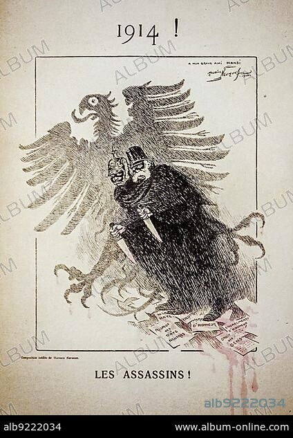 French vintage WWI propaganda cartoon from 1914 showing two German soldiers with big butcher knives from the First World War One.