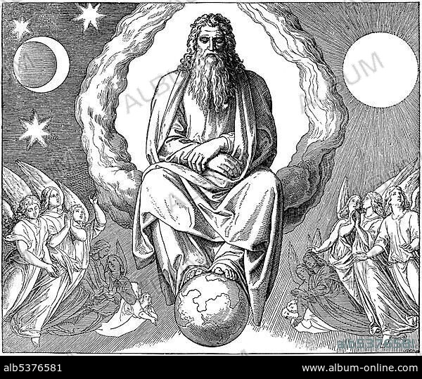 Woodcut, God, The Sixth Day of Creation, God created the land creatures and the humans, Genesis, 2, 7, creation of the world, Old Testament, Catholic Picture-Bible.