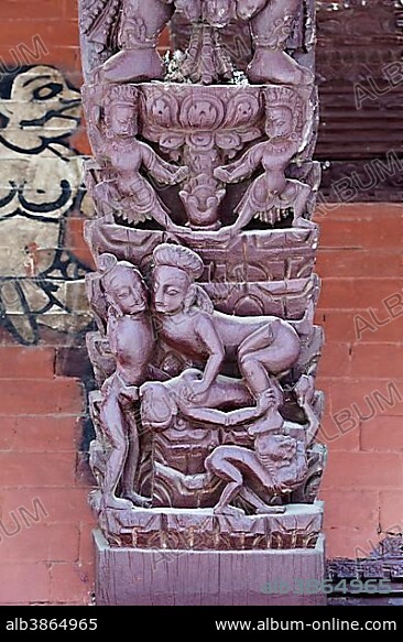 Erotic wood carvings at Bachhareshwari temple, Pashupatinath temple complex, Kathmandu, Nepal, Asia.