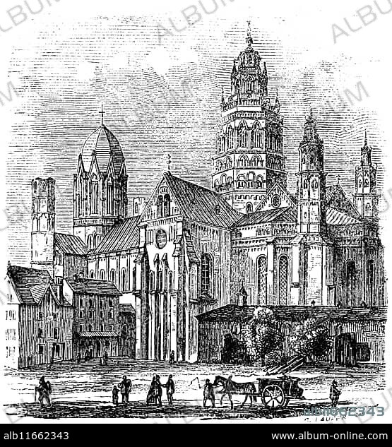 Mainz Cathedral, Mainz, Rhineland-Palatinate, horse-drawn carriage, people, Germany, church building at the time of the Crusades, historical illustration 1880, Europe.