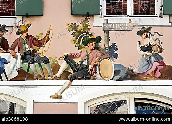 Bavarian mural painting on house facade, Gasthaus Zur Schranne, Garmisch, Garmisch-Partenkirchen District, Werdenfelser Land, Upper Bavaria, Bavaria, Germany, Europe.