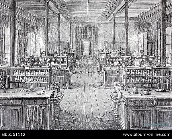 Blick in einen Arbeitsraum im Chemielabor der Universität Leipzig, 1888, Deutschland, Historisch, digital restaurierte Reproduktion einer Originalvorlage aus dem 19. Jahrhundert.