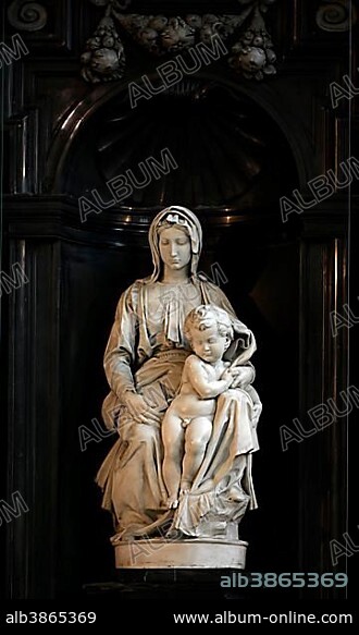 "Madonna and Child" by Michelangelo Buonarroti, 1504 -1505, made from Carrara marble, altar, Church of Our Lady, Onze-Lieve-Vrouwekerk, Bruges, West Flanders, Flemish Region, Belgium, Europe.