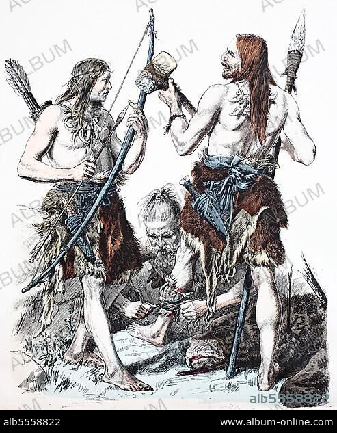 Folk traditional costume, clothing, history of costumes, clothing of the Germanic tribes during the Stone Age, Germany, digitally restored reproduction of a 19th century original, exact date unknown, Europe.