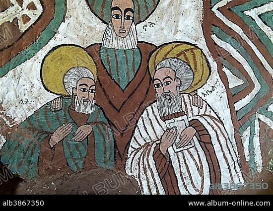 The biblical figures of Seth, Noah and Abel, fresco in the Orthodox rock church of Abuna Yemata Guh, Gheralta Region, Tigray, Ethiopia, Africa.