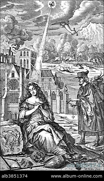 Historic drawing, allegory on the English Civil War, royalist symbolic image of the overturn of king and religion, 17th century.