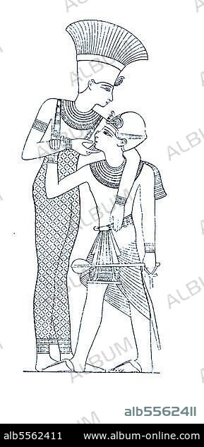 Anukis, Any, Anket, Anqet, auch Anuket ist eine Göttin aus dem Sudan, die auch im Alten Ägypten verehrt wurde, hier mit Pharao Ramses II, 19. Dynasie, Aegypten, Geschichte der Mode, Historisch, digital restaurierte Reproduktion einer Originalvorlage aus dem 19. Jahrhundert, genaues Originaldatum nicht bekannt.