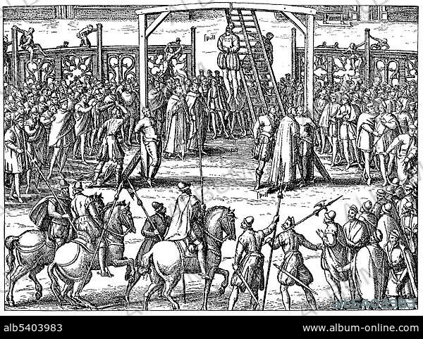 Historic drawing, executions by the blood council, or council of the riots, Raad van beroerte, Conseil des troubles under the Duke of Alva in the Spanish Netherlands, 16th century.