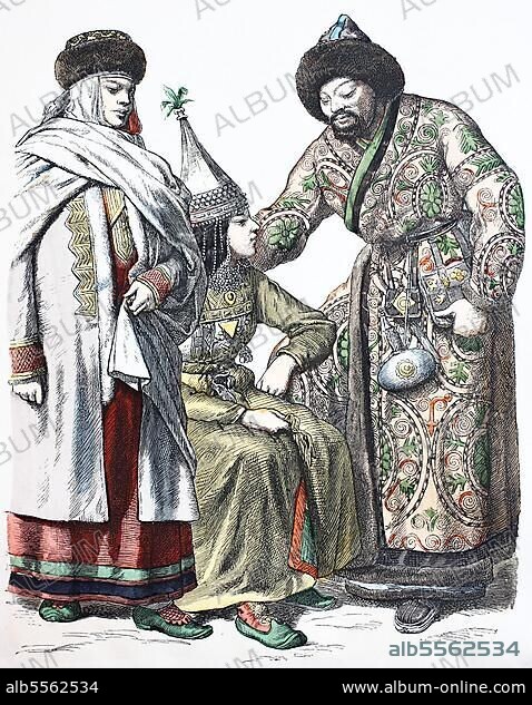 Folk traditional costume, clothing, history of costumes, Tomsk Governorate, Kyrgyz and Kirghiz, costumes from Asian Russia, 1885, digitally restored reproduction of a 19th century original, exact date unknown.