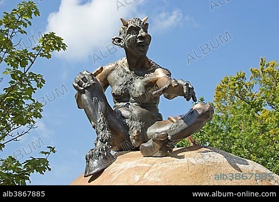 Devil statue on Hexentanzplatz plateau, Witches' Dance Floor, Thale, Harz, Saxony-Anhalt, Germany, Europe.