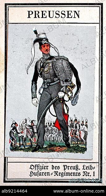 German Uniforms of the 19th century, Lines, Cavalry: Prussia, Officer of the Prussian Leib-Husaren-Regiment No. 1, Historical, digitally restored reproduction of a public domain collector's picture from the early 20th century.