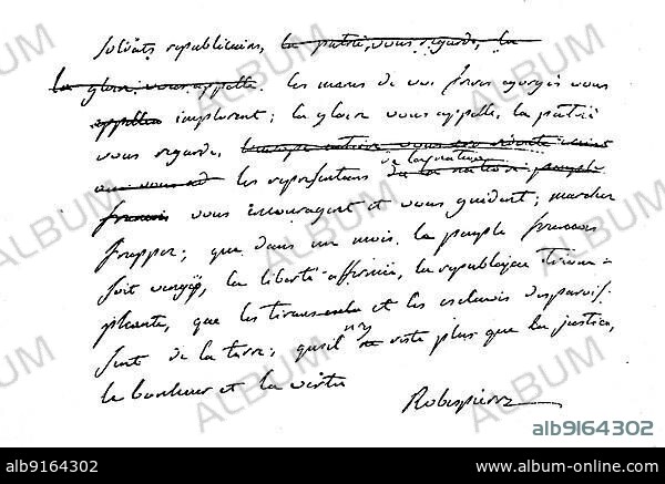 Maximilien de Robespierre, 6 May 1758, 28 July 1794, French lawyer, revolutionary and leading Jacobin politician, letter of 26 October 1793 to the Republican Army, France, Historical, digitally restored reproduction from a 19th century original, exact date unknown, Europe.