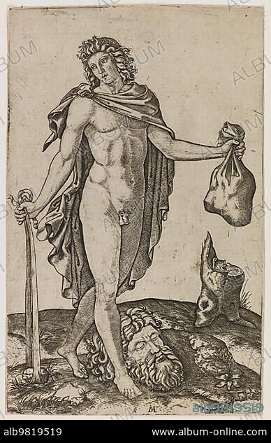 David defeats Goliath and holds the latters severed head in his hand; Historic; digitally restored reproduction of an original from the period.